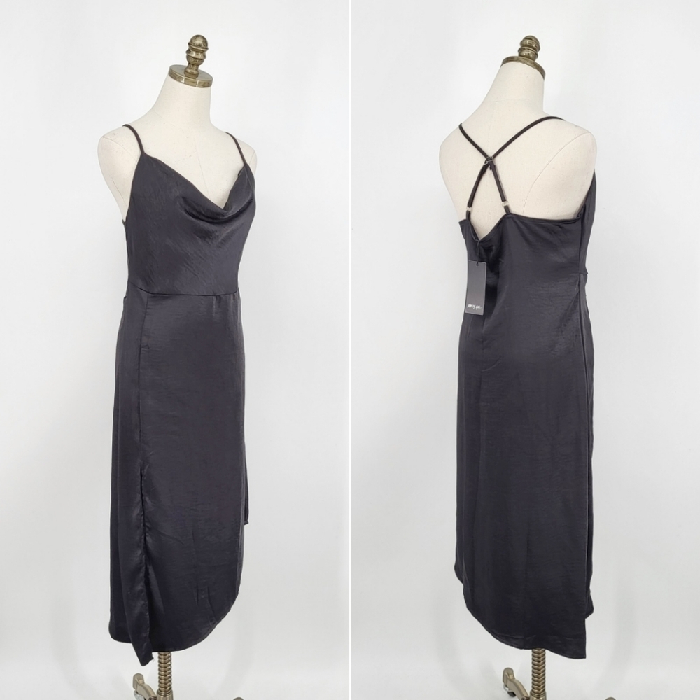 Nasty Gal X Emrata Cowl to be a Heartbreaker Satin Midi Dress Black Size 8 NWT